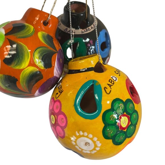 Handcrafted Cabo San Lucas Ceramic Ornament Trio With Bright Floral Designs  3" - Picture 3 of 13